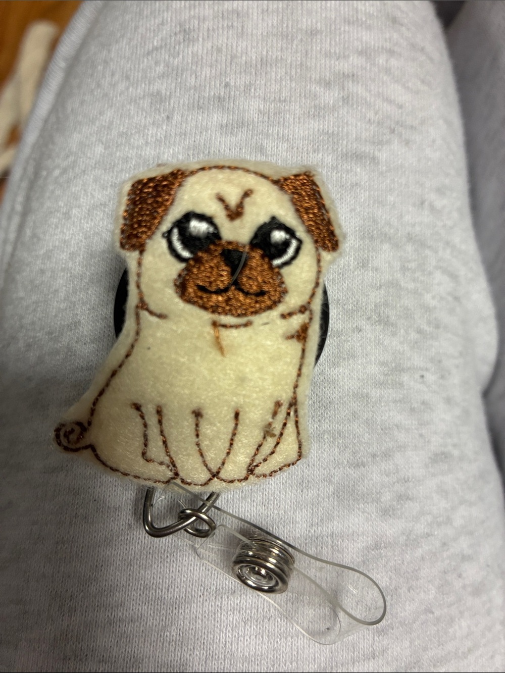 Cute Pug Badge Reel — Cream and Brown Dog Design